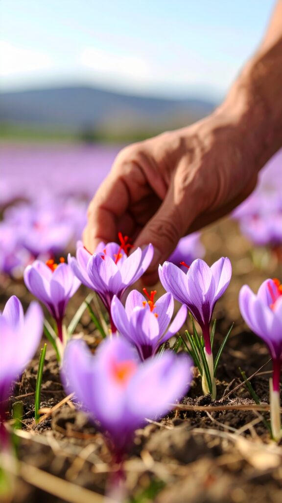 firefly saffron flowers being softly handpicked by a man 438877